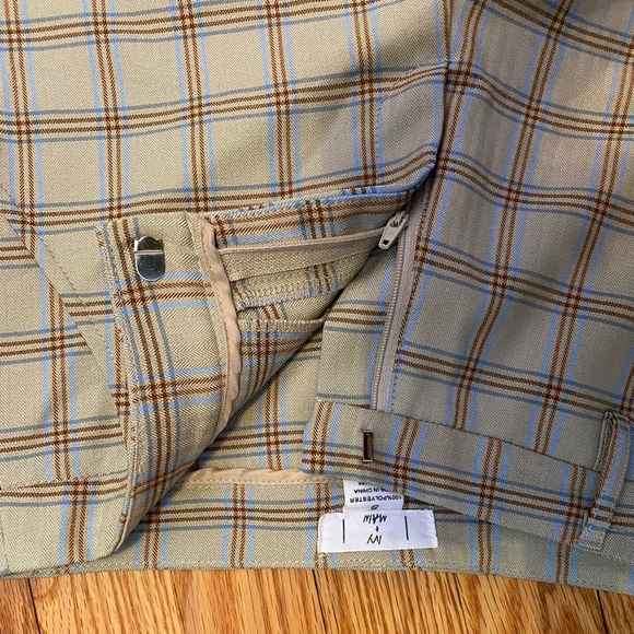 Plaid pants, size S, tan with brown and blue, clasp - Picture 4 of 4